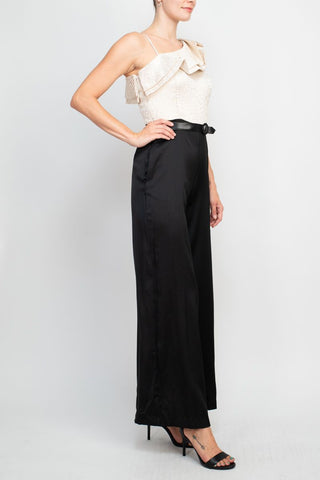 Taylor asymmetrical ruffle neck zipper side jacquard bodice belted satin pant jumpsuit with pockets