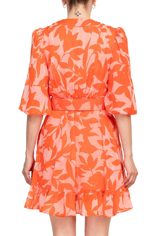 Taylor Printed Chiffon Belted Fit and Flare Dress - Pink Orange - Back