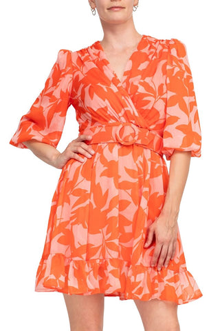 Taylor Printed Chiffon Belted Fit and Flare Dress - Pink Orange - Front