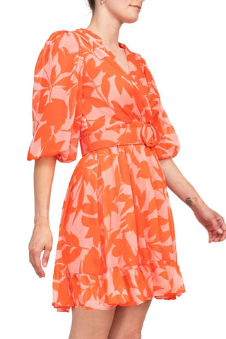 Taylor Printed Chiffon Belted Fit and Flare Dress - Pink Orange - Side