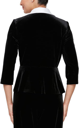 Alex Evenings Velvet Blouse with Modified Peplum - BLACK WHITE - Front - Back view