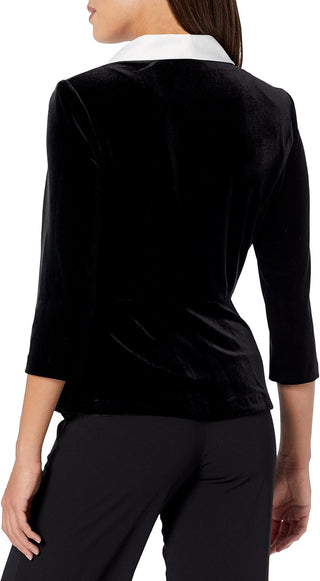 Alex Evenings Velvet Blouse with Modified Peplum - BLACK WHITE - Back