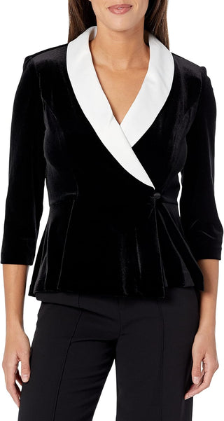 Alex Evenings Velvet Blouse with Modified Peplum - BLACK WHITE - Front