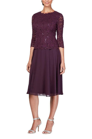 Alex Evenings Crew Neck 3/4 Sleeve Lace Bodice & Chiffon Skirt