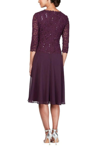 Alex Evenings Crew Neck 3/4 Sleeve Lace Bodice & Chiffon Skirt