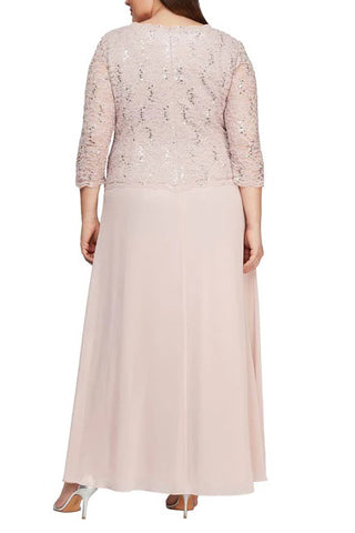 Alex Evenings Crew Neck 3/4 Sleeve Lace Bodice & Chiffon Skirt - SHELL PINK - Back 