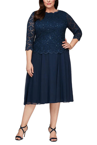 Alex Evenings Crew Neck 3/4 Sleeve Lace Bodice & Chiffon Skirt - NAVY - Front 