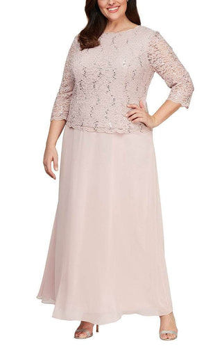 Alex Evenings Crew Neck 3/4 Sleeve Lace Bodice & Chiffon Skirt - SHELL PINK - Front 