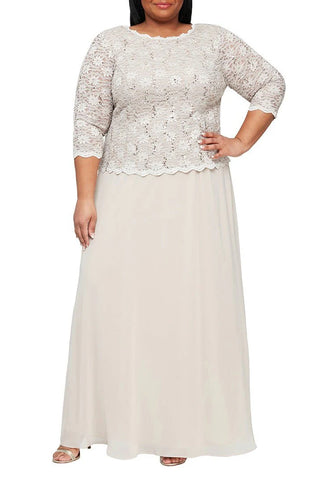 Alex Evening Crew Neck 3/4 Sleeve Popover Lace Top Chiffon Skirt Sequin Dress (Plus Size) - Taupe - Front 