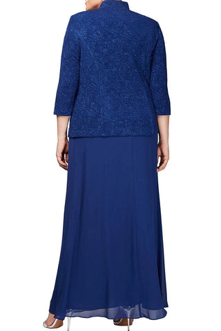 Alex Evenings Scoop Neck 3/4 Sleeve Jacquard Glitter Embellished Chiffon Skirted 2-Piece Jacket Dress (Plus Size) - ELECTRIC BLUE - Back