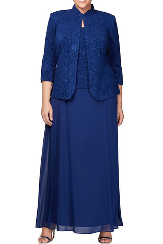 Alex Evenings Scoop Neck 3/4 Sleeve Jacquard Glitter Embellished Chiffon Skirted 2-Piece Jacket Dress (Plus Size) - ELECTRIC BLUE - Front