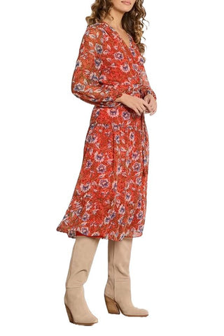 Sam Edelman V-neck long sleeve tie side floral print A-line chiffon dress_RED MULTI_side