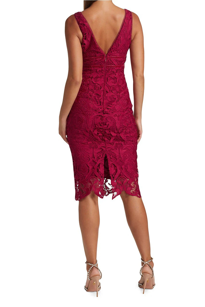 ML Monique Lhuillier V-Neck Sleeveless Banded Waist Bodycon Slit Back Lace Dress | Available at Curated Brands in Los Angeles ML Monique Lhuillier V-Neck Sleeveless Banded Waist Bodycon Slit Back Lace Dress | Available at Curated Brands in Los Angeles