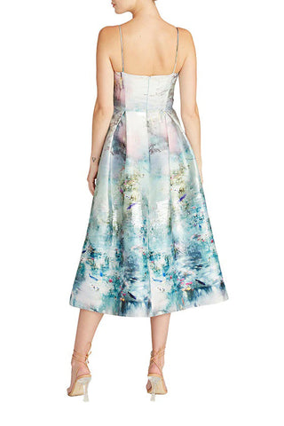 ML Monique Lhuillier Spaghetti Strap A-Line Box Pleat Printed Jacquard Dress - Koi Monet - Back