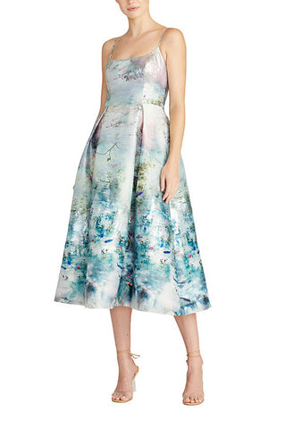 ML Monique Lhuillier Spaghetti Strap A-Line Box Pleat Printed Jacquard Dress - Koi Monet - Front