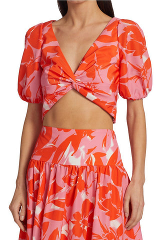 ML Monique Lhuillier V-Neck Short Sleeve Twisted Front Printed Taffeta Cop Top - DANCING PEONY BUBBLE GUM - Front