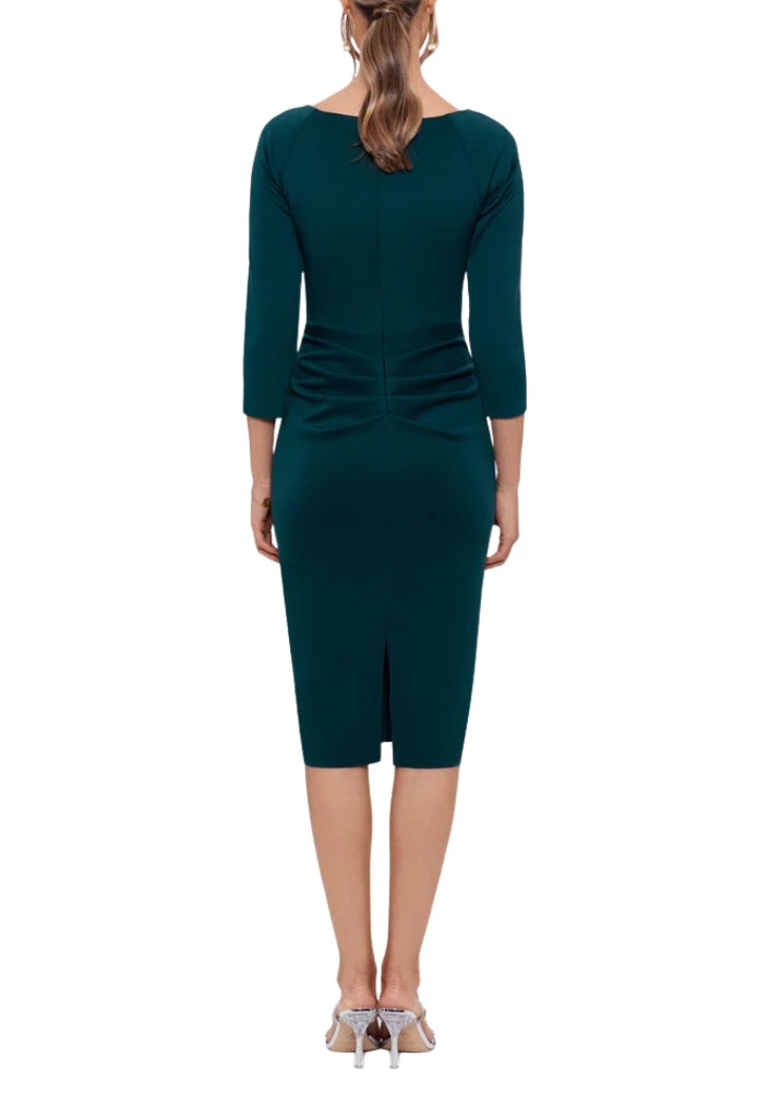 XScape Allie V-Neckline Long Sleeves Back Zipper Side Ruffle Sheath Midi Dress | Available at Curated Brands in Los Angeles XScape Allie V-Neckline Long Sleeves Back Zipper Side Ruffle Sheath Midi Dress | Available at Curated Brands in Los Angeles