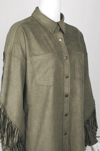 Velvet Heart Collared Snap Button-Up Long Sleeve Fringe Detail Suede Jacket with Pockets