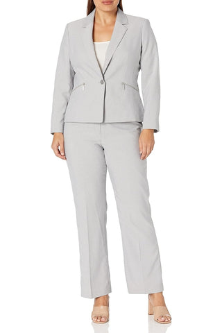 Le Suit 1 Button Mini Herringbone Pant Business Suit Pant Set (Plus Size)  - SILVER - Front 