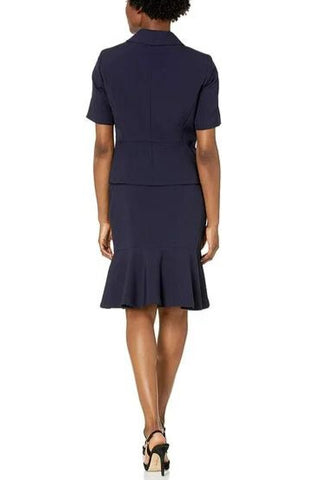 Le Suit 3 Button Notch Collar Short Sleeve Crepe Flounce Skirt Suit - NAVY - Back 