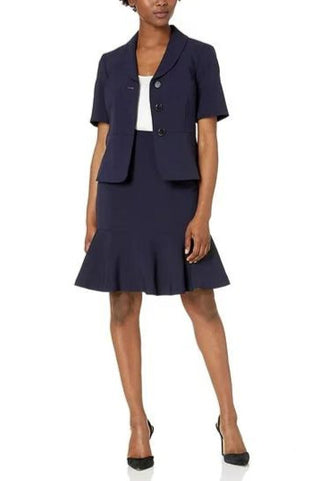 Le Suit 3 Button Notch Collar Short Sleeve Crepe Flounce Skirt Suit - NAVY - Front 