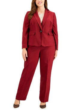 Le Suit Mini Crosshatch Jacket Pantsuit ( Plus Size ) - FIRE RED BLACK - Front 