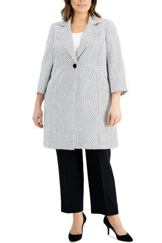 Le Suit Notched Collar Long Sleeve One Button Closure Pockets Geo Dot Jacquard Topper with Mid Waist Elastic Back Solid Pants Suit (Plus Size)