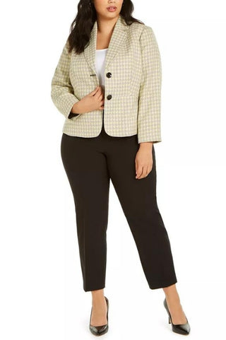 Le Suit Two Button Notch Collar Plaid Tweed-Jacket Pants Suit (Plus Size) - Butter Multi - Front