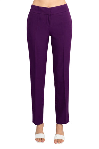 Le Suit Notched Collar One Button Jacket with Button Hook Zipper Closure Pockets Crepe Pants Suit ( Petite ) - Plum - Pant Front 