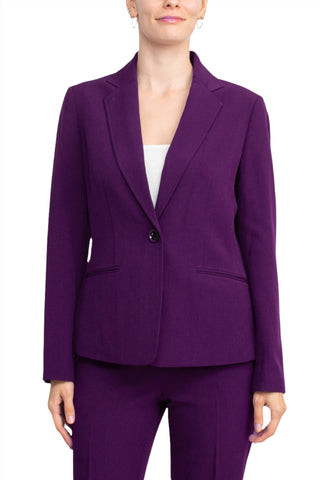 Le Suit Notched Collar One Button Jacket with Button Hook Zipper Closure Pockets Crepe Pants Suit ( Petite ) - Plum - Front 