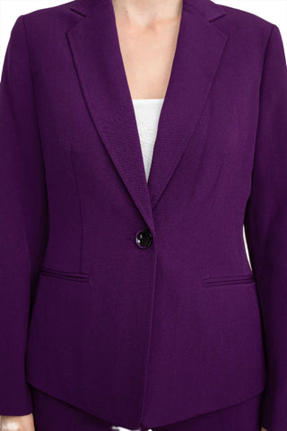 Le Suit Notched Collar One Button Jacket with Button Hook Zipper Closure Pockets Crepe Pants Suit ( Petite ) - Plum - Fabric