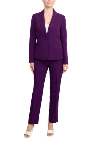 Le Suit Notched Collar One Button Jacket with Button Hook Zipper Closure Pockets Crepe Pants Suit ( Petite ) - Plum - Front full view