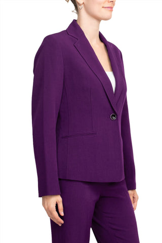 Le Suit Notched Collar One Button Jacket with Button Hook Zipper Closure Pockets Crepe Pants Suit ( Petite ) - Plum - Side