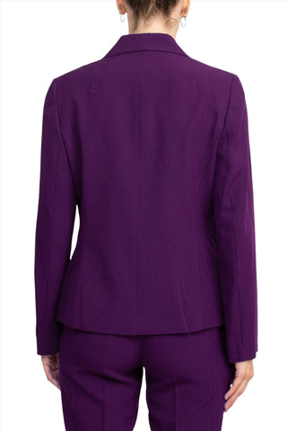 Le Suit Notched Collar One Button Jacket with Button Hook Zipper Closure Pockets Crepe Pants Suit ( Petite ) - Plum - Back 