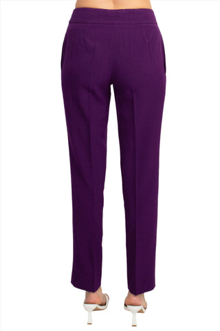 Le Suit Notched Collar One Button Jacket with Button Hook Zipper Closure Pockets Crepe Pants Suit ( Petite ) - Plum - Pant back view