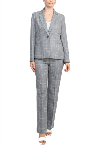 Le Suit Notched Collar 1 Button Tie Mélange Windowpane Jacket with Button Hook Zipper Closure Crepe Pants Suit (Two Piece Set)