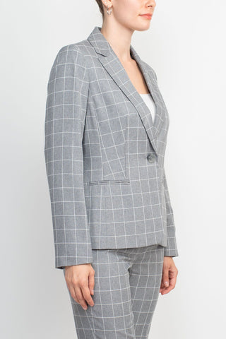 Le Suit Notched Collar 1 Button Tie Mélange Windowpane Jacket with Button Hook Zipper Closure Crepe Pants Suit (Two Piece Set)