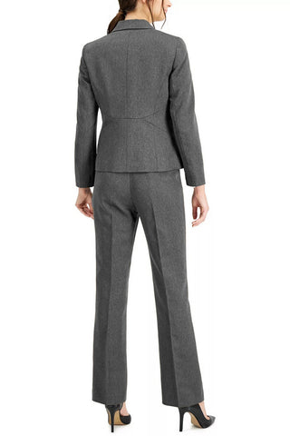 Le Suit Cotched Collar Two-Button Closure Shoulder Pads with Straight Leg, Zipper with Hook and Bar Closure Crepe Pantsuit