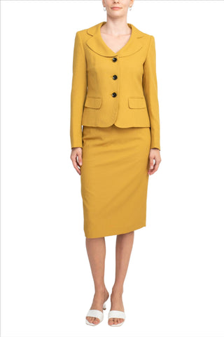 Le Suit Notched Collar 3 Button Flap Pocket Square Texture Jacket with Zipper Back Skimmer Skirt  (Two Piece)