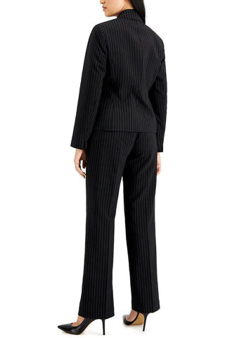Le Suit Shawl Collar Long Sleeve Flap Pockets Pinstripe Jacket with Mid Waist Button Zipper Closure Pockets Slim Pants (Two Piece)