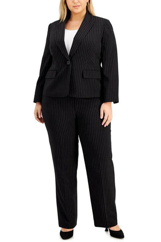 Le Suit One Button Pinstriped Suit ( Plus Size ) - BLACK WHITE - Front 