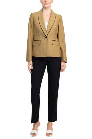 Le Suit Shawl Collar Long Sleeve Mini Herringbone Piping Detail Flap Pockets Jacket with Mid Waist Button Zipper Closure Pockets Slim Pants (Two Piece)
