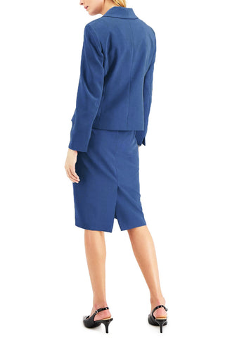 Le Suit Shawl Collar 2 Button Jacket With Matching Crepe Skirt - Back View - Blue
