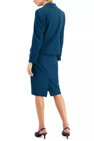 Le Suit Shawl Collar 2 Button Jacket With Matching Crepe Skirt - Back View - Viridian