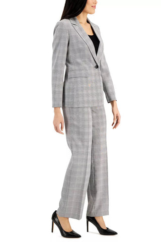Le Suit Notched Collar Long Sleeve One Button Closure Front Shoulder Pads Flap Pockets Crepe Jacket with Pants (Petite) - Black White - Side