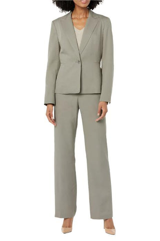 Le Suit Notched Collar 1 Button Jacket with Button Hook Zipper Closure Pants (Two Piece Set) - SATIN TAUPE - Front