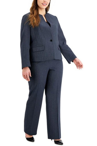 Le Suit One-Button Collarless Straight-Leg Pantsuit ( Plus Size ) - DENIM BLUE - Front 