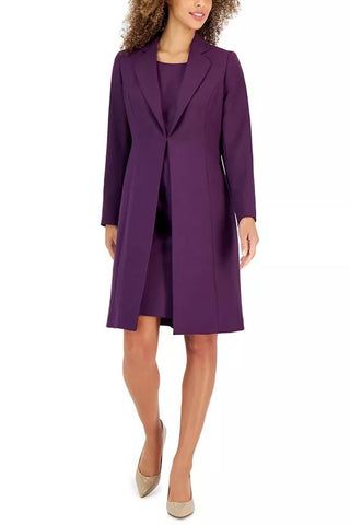 Le Suit Crepe Topper Jacket & Shift Dress Suit - PLUM - Front