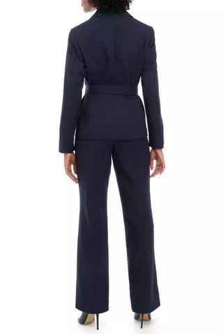 Le Suit Women's Tonal Stripe Belted Jacket and Side Zip Pants Set Navy Crepe Suit_Back View