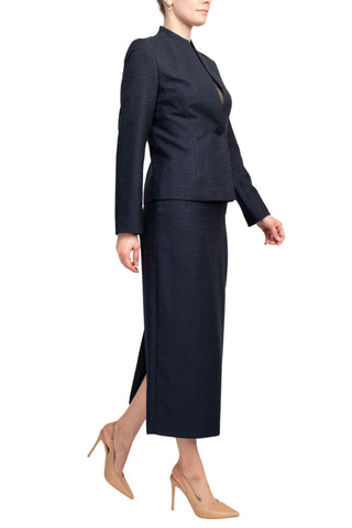 Le Suit Shimmer Tweed One Button No Pocket Jacket and Column Skirt Set - Navy - Side
